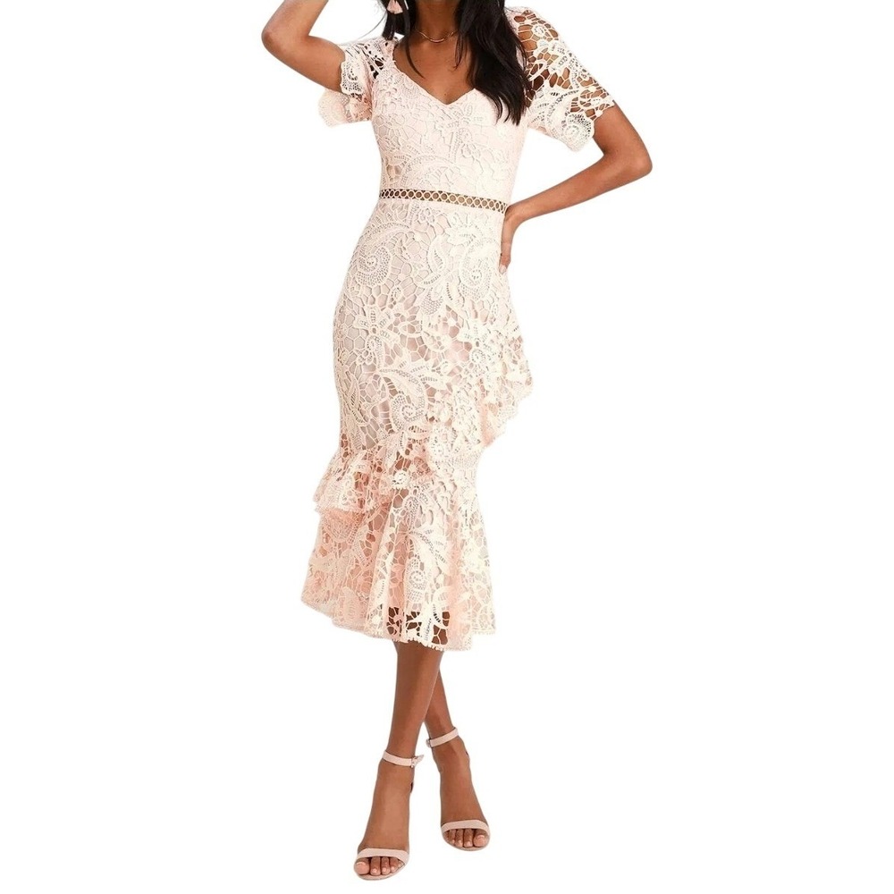 Lulus Women Blush Pink Lace‎ Midi Dress Short Sleeve V Neck Ruffle Elegant XS Nw
